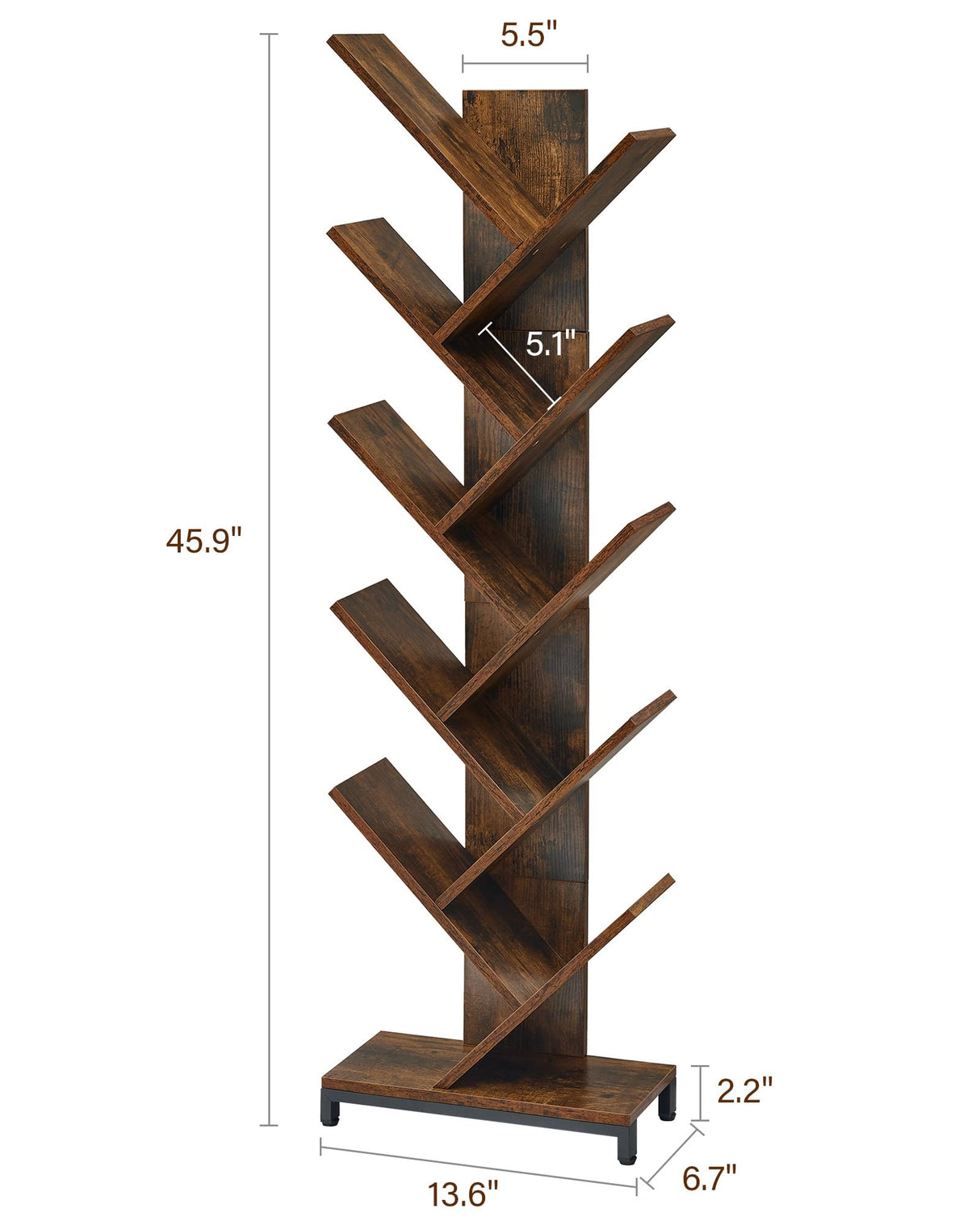 10 Shelf Tree Bookshelf, Floor Standing Wood Bookshelf for Books/Magazine/CDs/Movies, Modern Storage Rack Tree Bookcase, Utility Organizer Shelves for Narrow Space Home Office, Rustic Brown