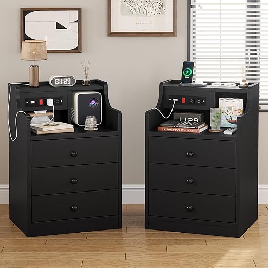 Nightstand Set 2,Gray Nightstand with Charging Station & Hutch