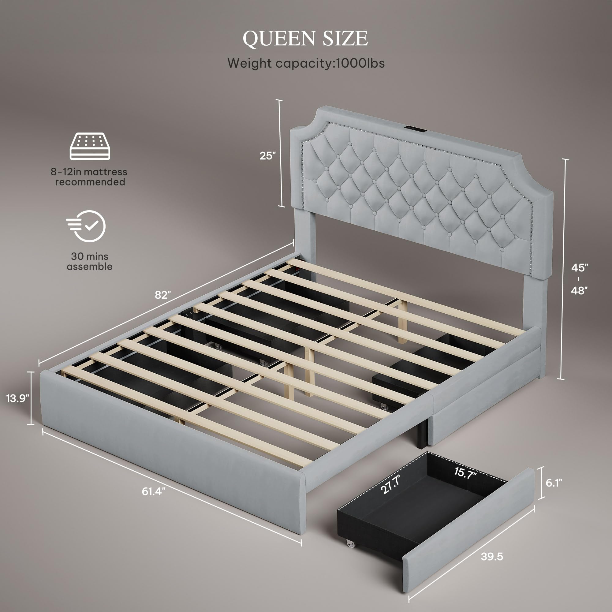 Queen Bed Frame with Storage Drawers and Charging Station
