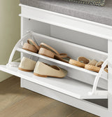 FSR64-W, White Shoe Storage Bench with 2 Flip Drawers & Padded Seat Cushion