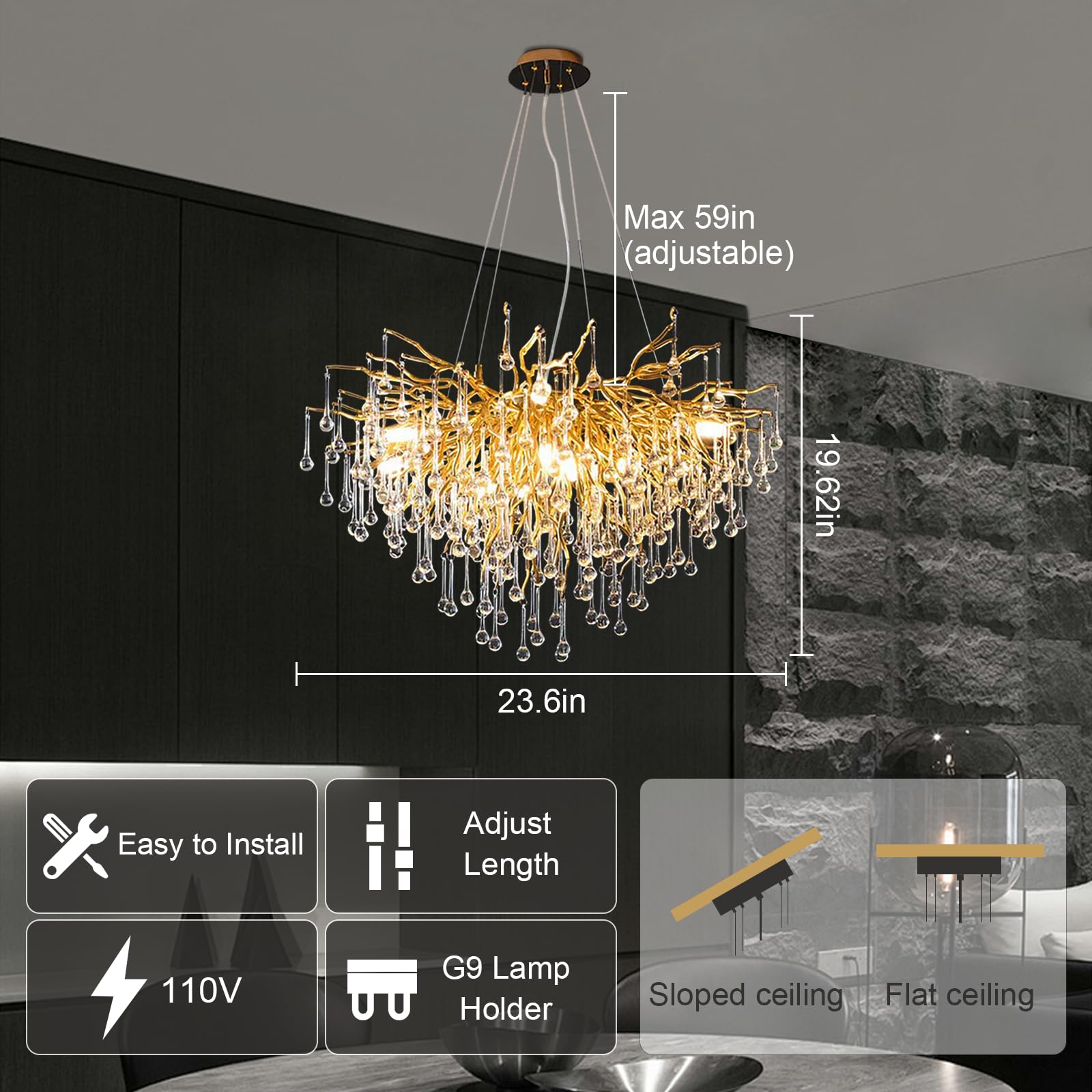 Gold Crystal Chandelier for Dining Room, Modern Raindrop Tree Branch Chandelier,