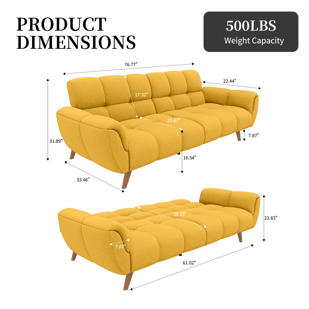 saows Futon Sofa Bed, Convertible 76.77" Modern Linen Futon Couch, Comfy Sleeper Sofa with Adjustable Backrests, Couch Bed for Small Spaces, Living Room, Bedroom, Apartment, Yellow