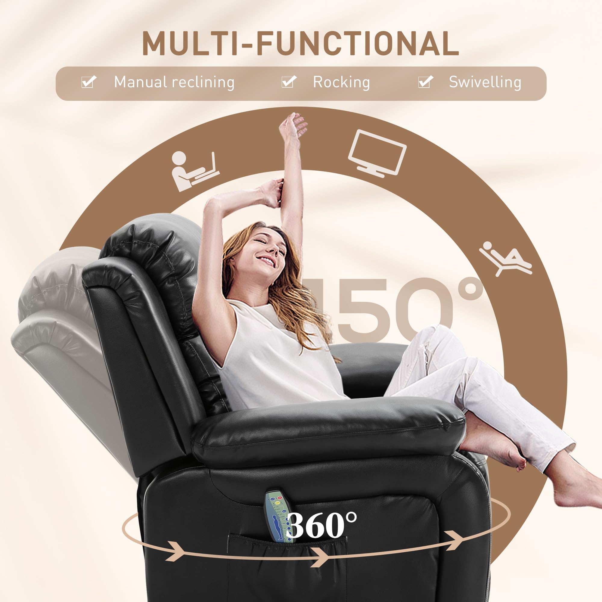 TheraLuxe 8-Point PU Leather Swivel Rocker Recliner with Remote & Massage