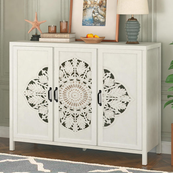 48"Accent Cabinet with 3 Doors, Farmhouse Sideboard Buffet Cabinet with Storage, Modern Credenza Storage Cabinet with Wood Carved Floral Doors for Living Room, Dining Room, Entryway, Hallway, Kitchen