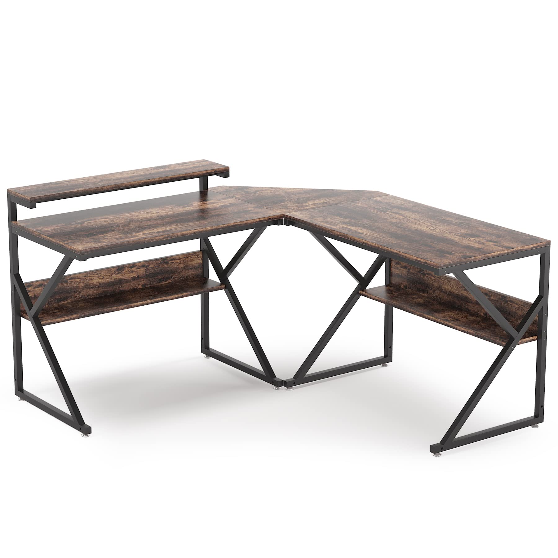 L Shaped Desk with Storage Shelves, 63 inch Industrial Corner Computer Desk