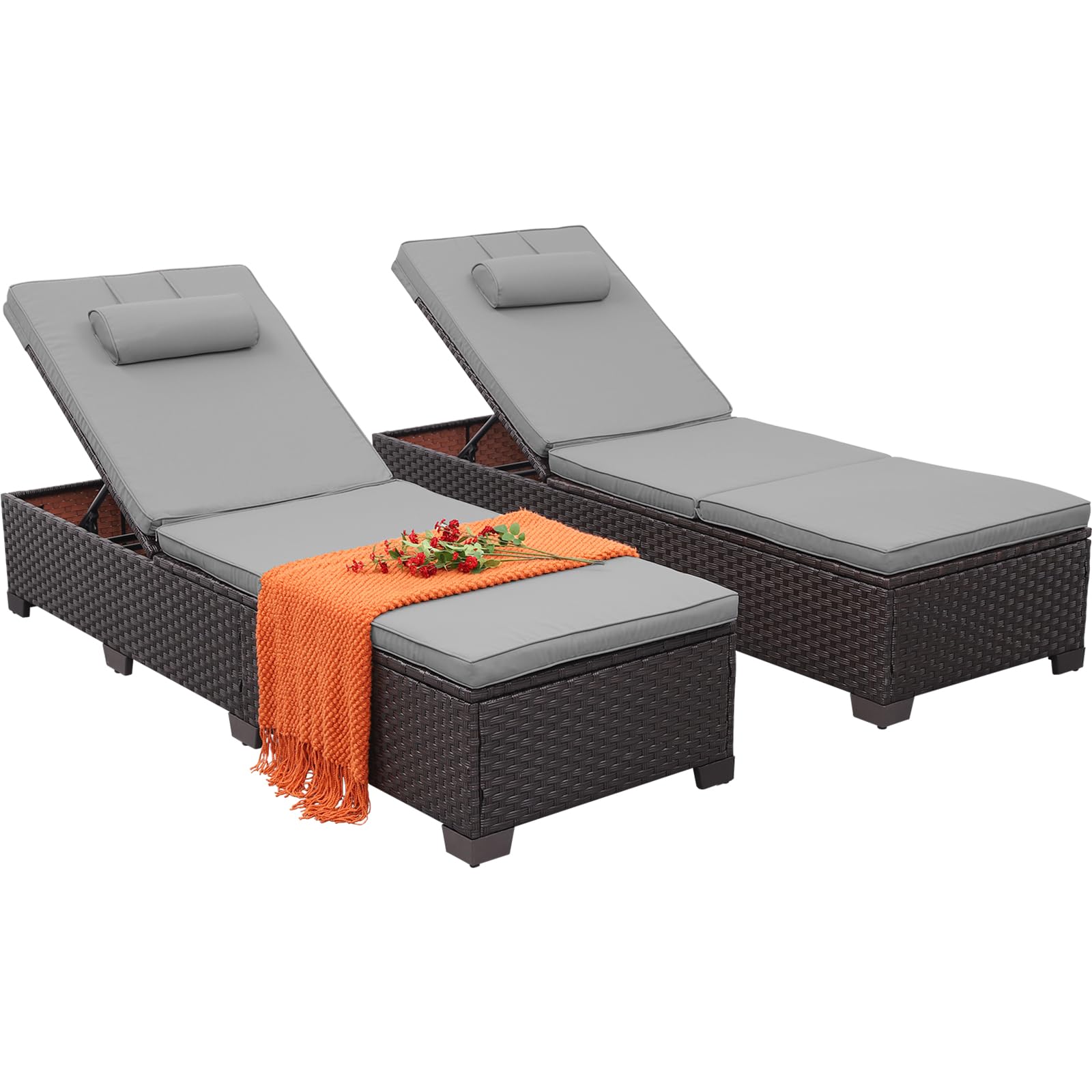 Rattan Star Brown Wicker Patio Chaise Lounge Chairs Set of 2 Outdoor Chaise Lounge Pool Lounge Chairs Poolside Recliner Chairs with Grey Cushions and Headrest