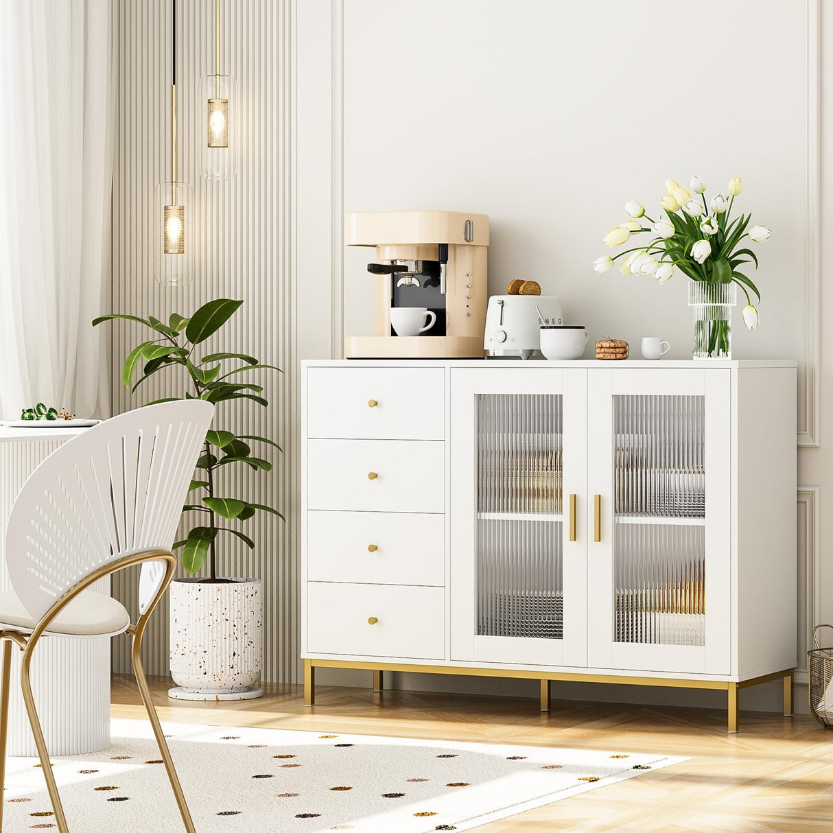 finetones Sideboard Buffet Cabinet with Storage, 47.2" White Gold Kitchen Cabinet with Fluted Glass Doors and Gold Metal Legs,