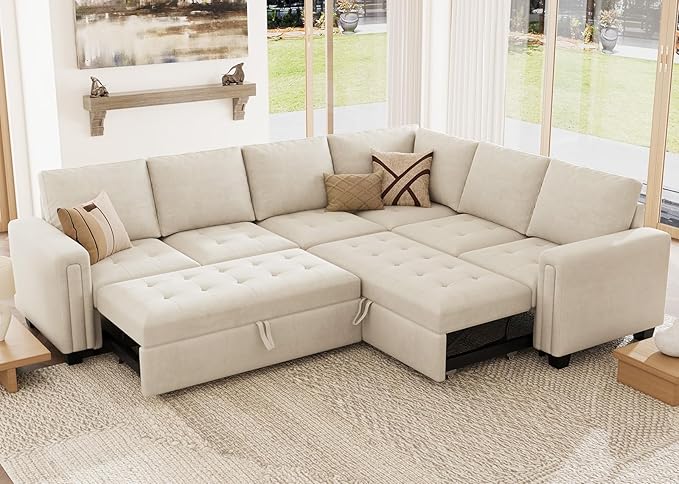 Secitonal Sleeper Sofa with Pull Out Couch Bed Modular Sectional Sofa with Storage Couch Velvet L Shaped Couch Sleeper Sofa Bed Beige