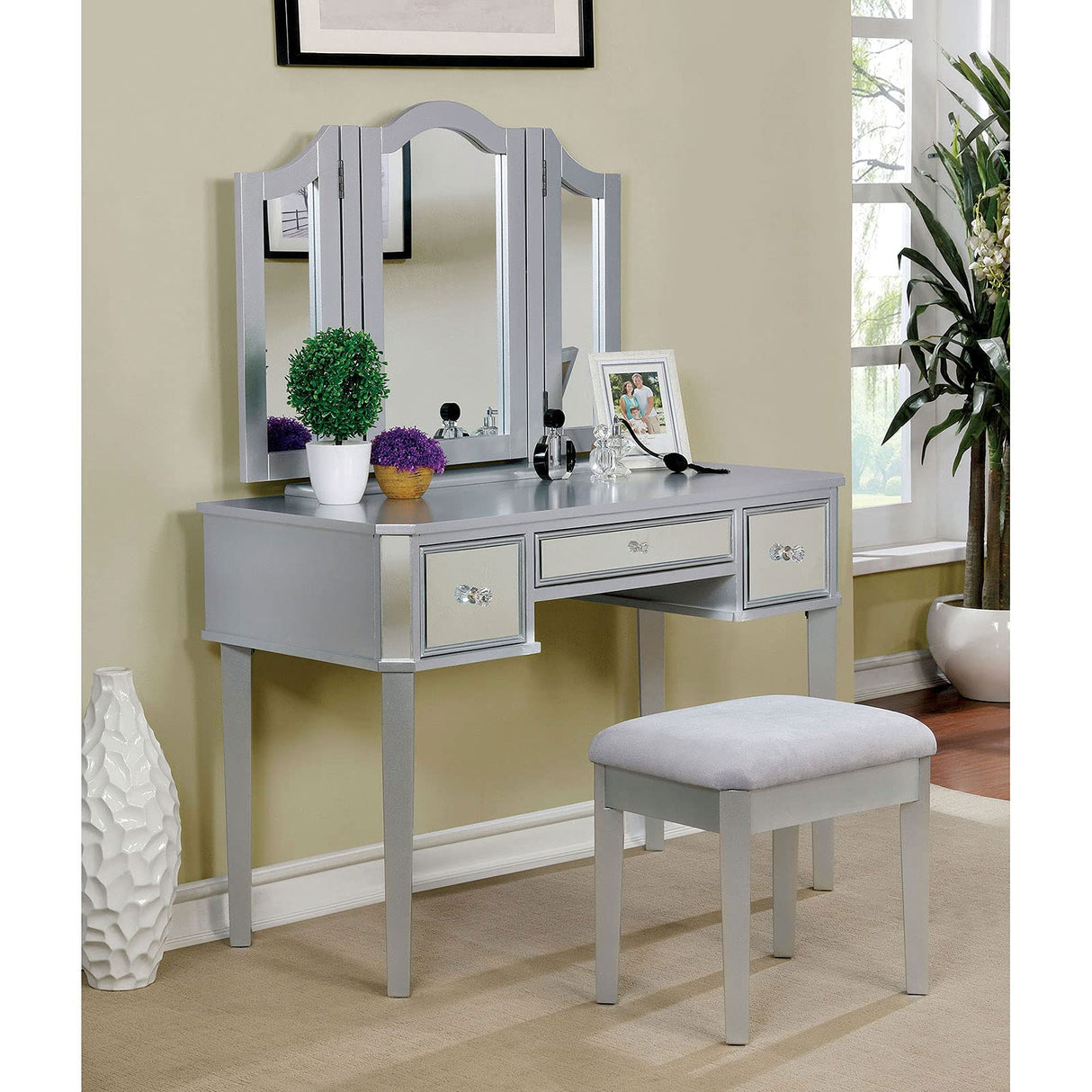 Wooden Vanity with Stool with 3 Drawers in Silver