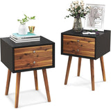 Nightstand with 2 Drawers Set of 2, Mid Century Modern Bedside Table with Solid Wood