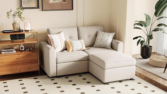 Rubik III 2 Seats Living Room Sofa Set, Love Seat Modular Sectional Sofa, Modern Extra Large Sofa Couch with Storage Seats & Removable Cover, Loveseat Convertible Sofa, Beige