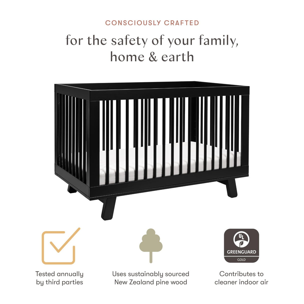 Hudson 3-in-1 Convertible Crib with Toddler Bed Conversion Kit in Black, Greenguard Gold