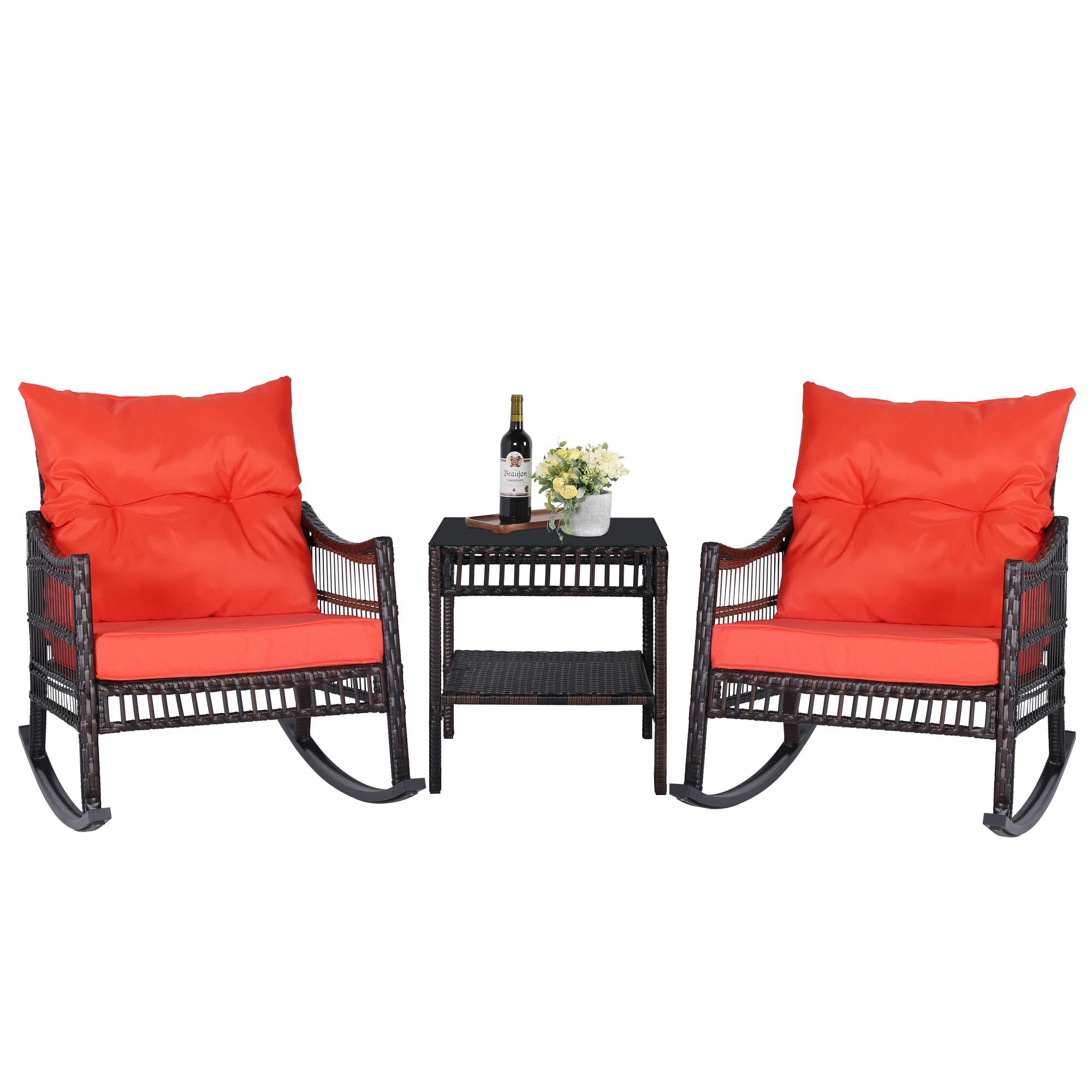 3 Pieces Outdoor Rattan Rocking Bistro Set with Cushions