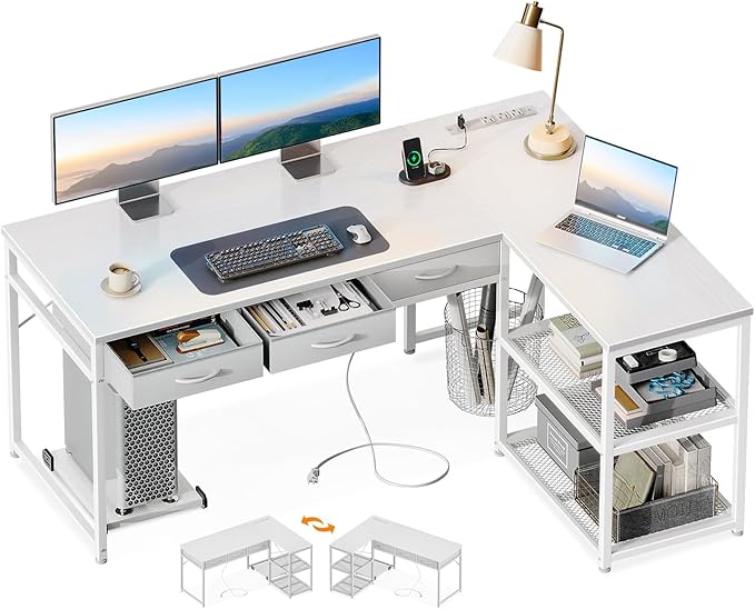 Inch L Shaped Computer Desk with Drawers, Corner Desk with Power Outlets & Reversible Storage Shelves, Movable CPU Stand for Home Office Gaming, Oak Grey