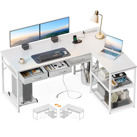 53 Inch L Shaped Computer Desk with Drawers, Corner Desk with Power Outlets & Reversible Storage Shelves