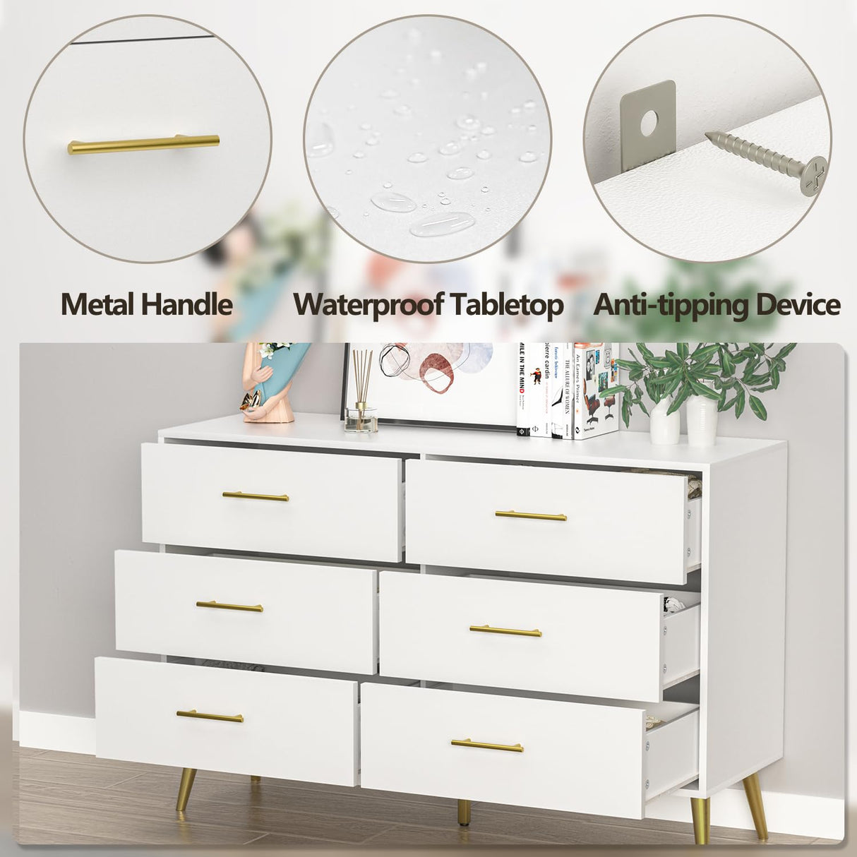 FURNIWAY White Dresser for Bedroom, 6 Drawer Dresser with Wide Drawer and Metal Handles, Wood Dressers & Chests of Drawers