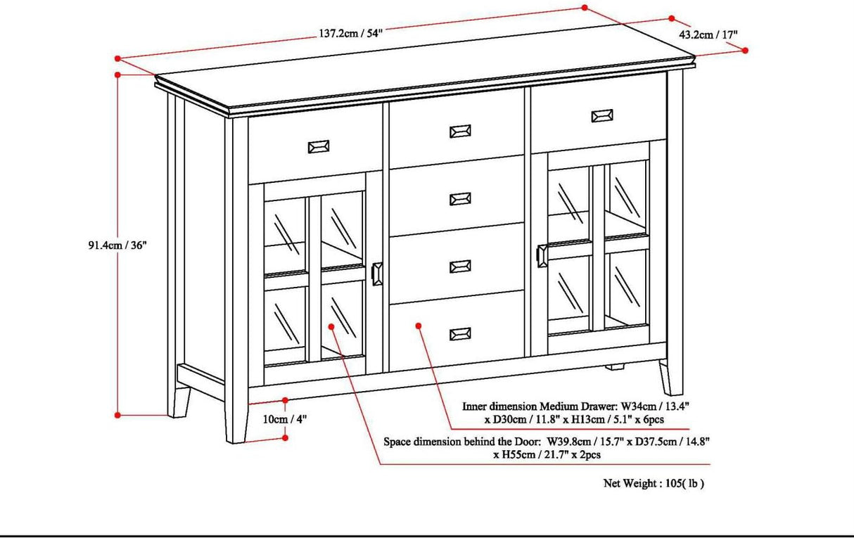 Artisan Solid Pine Wood 54 inch Contemporary Sideboard Buffet Credenza in Russet