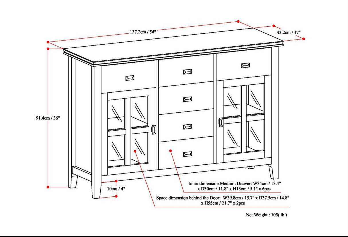 Artisan Solid Pine Wood 54 inch Contemporary Sideboard Buffet Credenza in Russet