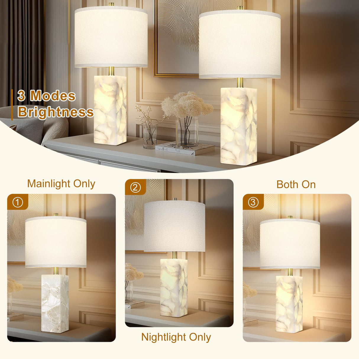Scenekoy Natural Alabaster Table Lamp Set of 2 with Night Light for Bedroom Living Room, 23" Rotary Switch Bedside Lamp with Linen Shade, Modern Nightstand Lamps for Room Office Dorm (Bulb Included)