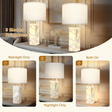 Scenekoy Natural Alabaster Table Lamp Set of 2 with Night Light for Bedroom Living Room, 23" Rotary Switch Bedside Lamp with Linen Shade, Modern Nightstand Lamps for Room Office Dorm (Bulb Included)