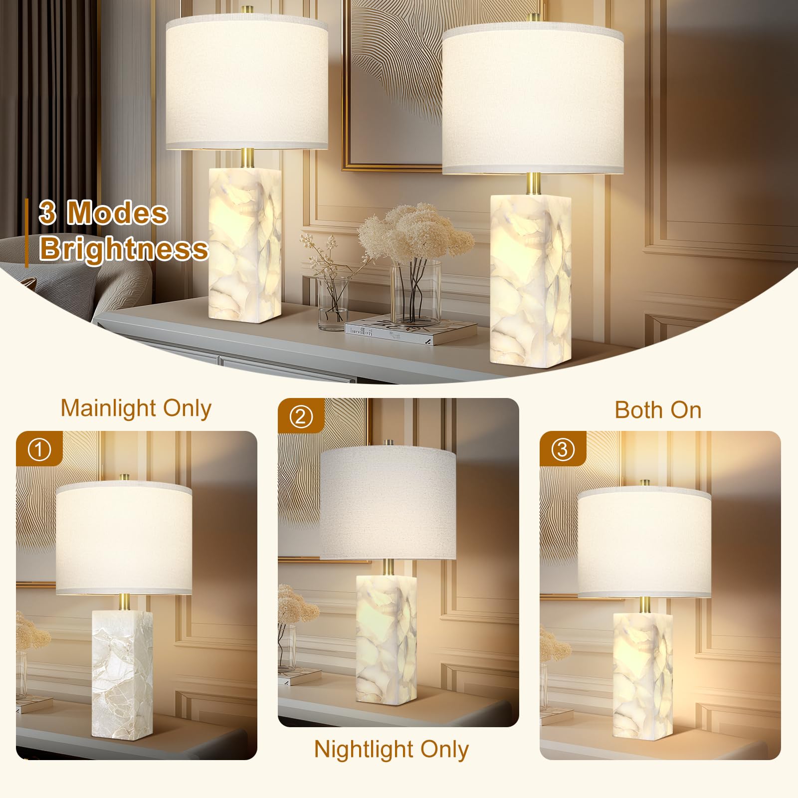 Natural Alabaster Table Lamp Set of 2 with Night Light