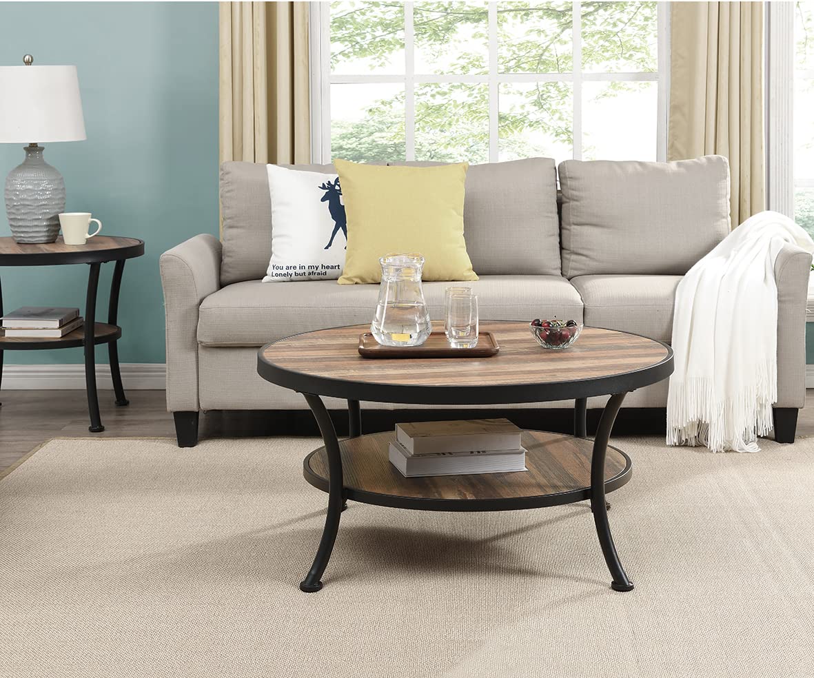 Farmhouse Coffee Table, 2 Tier Round Coffee Table with Storage, Living Room Coffee Table