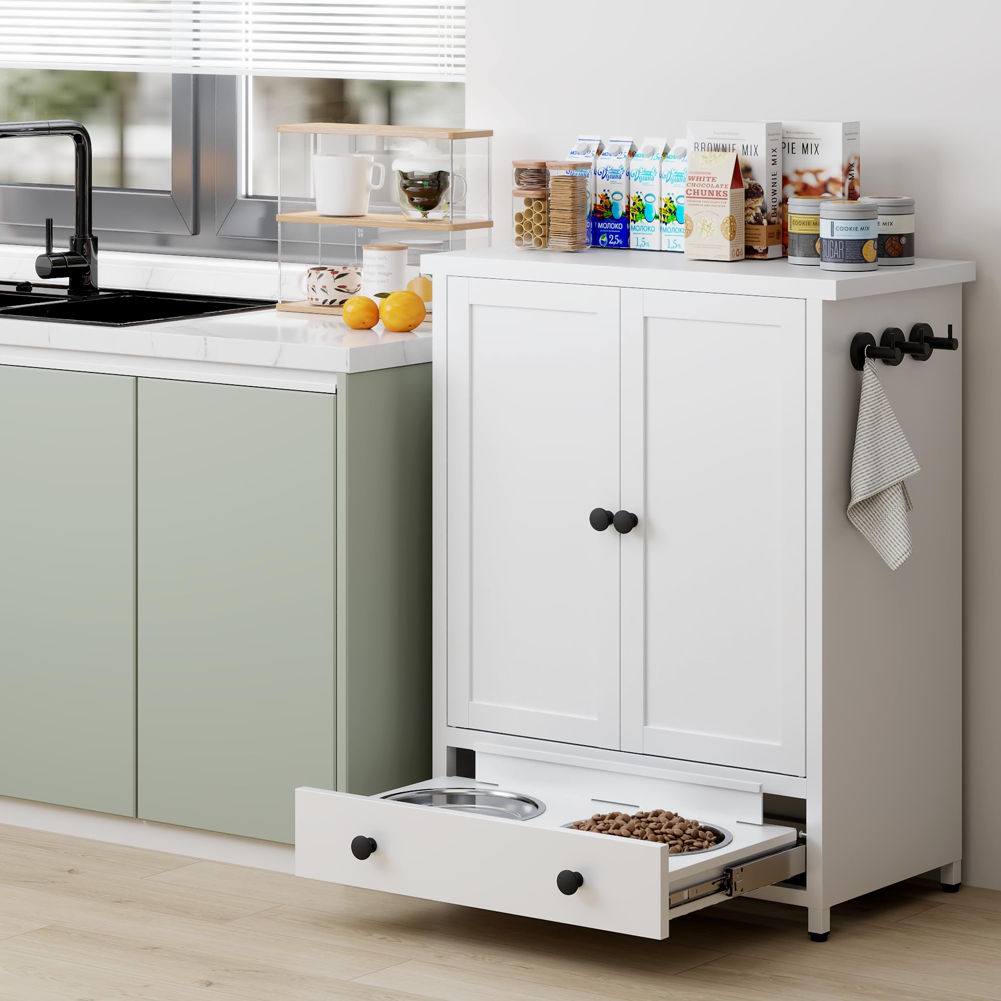 Metal Dog Feeding Station with Storage Cabinet & Elevated Bowls