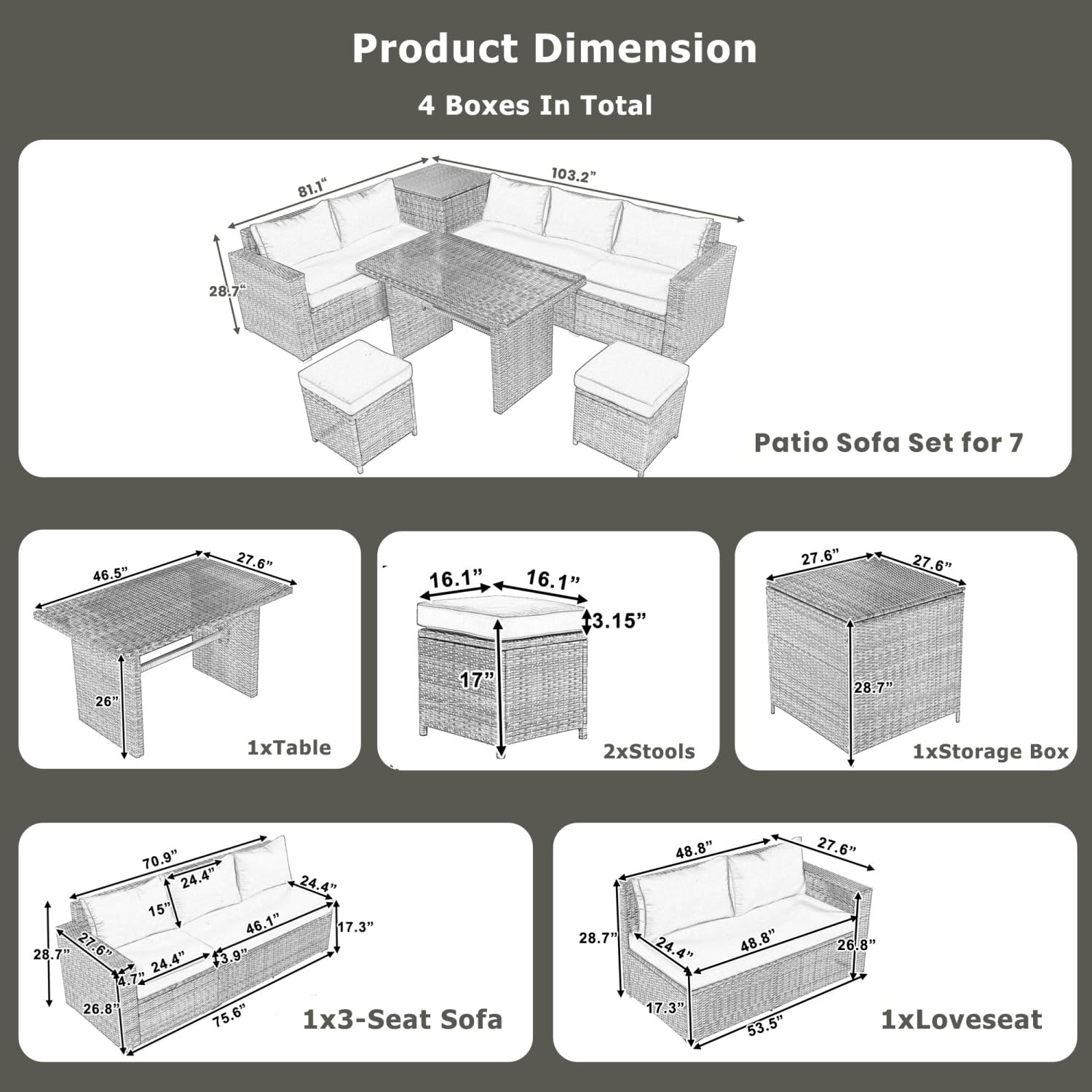 AEDNX Wicker Outdoor Patio Furniture Set with Storage, 6 Piece Patio Sofa Set with Ottoman Stool, Patio Conversation Sets Comforatable for Garden Yard (Grey Wicker and Beige Cushion, One Size)