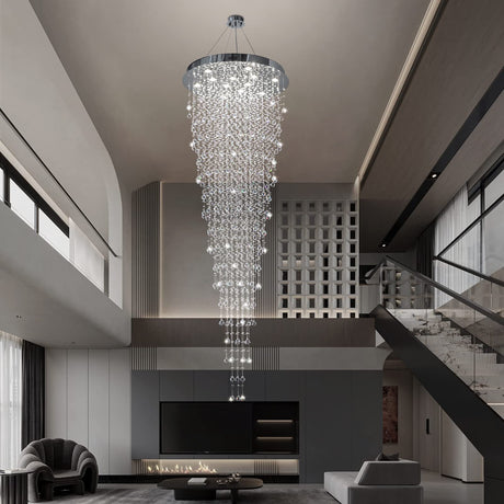 Modern Large Crystal Chandelier for High Ceilings, Raindrop Round Large Foyer