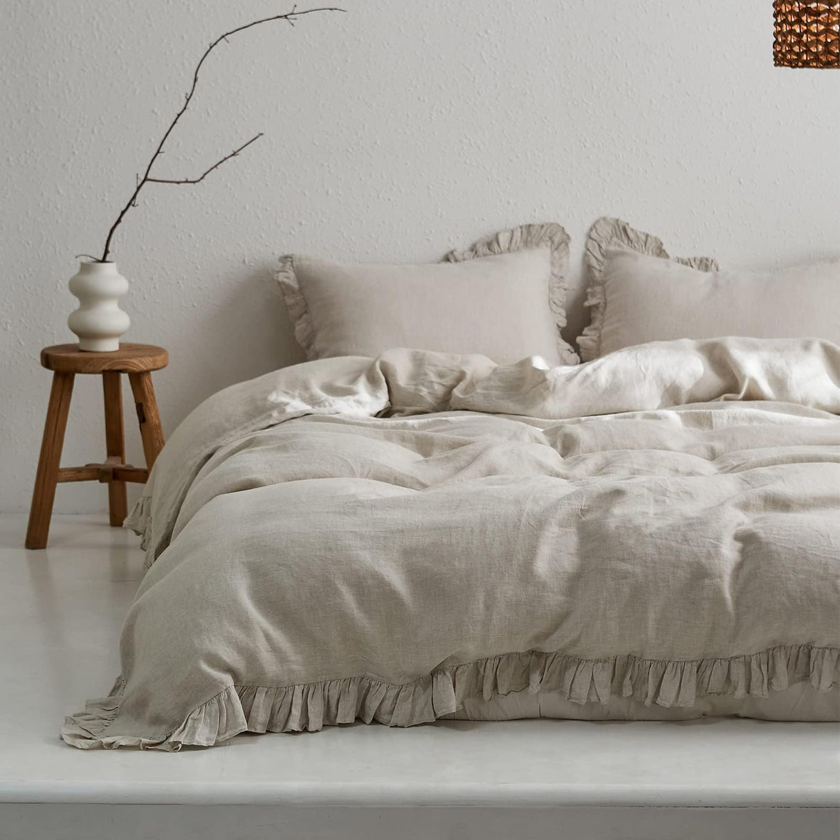 100% Linen Duvet Cover Set, 3 PCS Natural French Flax Natural Linen Ruffle Duvet Cover