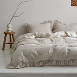 100% Linen Duvet Cover Set, 3 PCS Natural French Flax Natural Linen Ruffle Duvet Cover