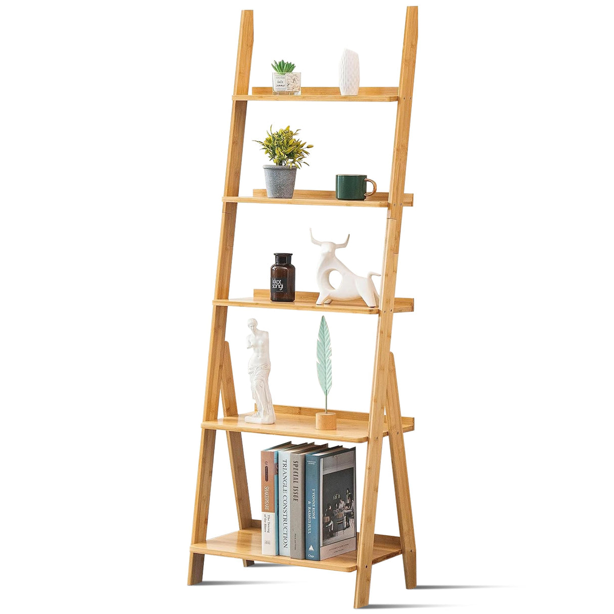 5-Tier Bamboo Ladder Shelf Ladder Bookshelf Plant & Flower Stand Bookcase