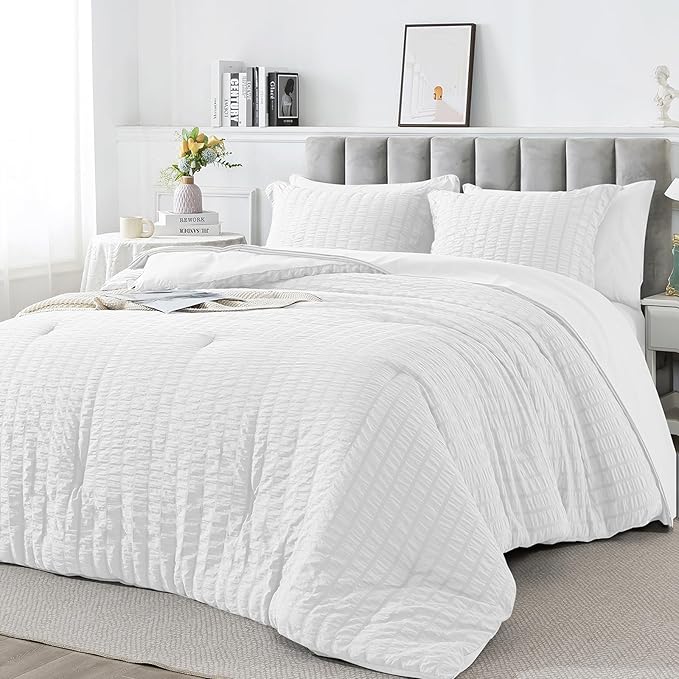 Queen Size Seersucker Comforter Set - 7 Pieces Reversible Comforters Bedding Sets