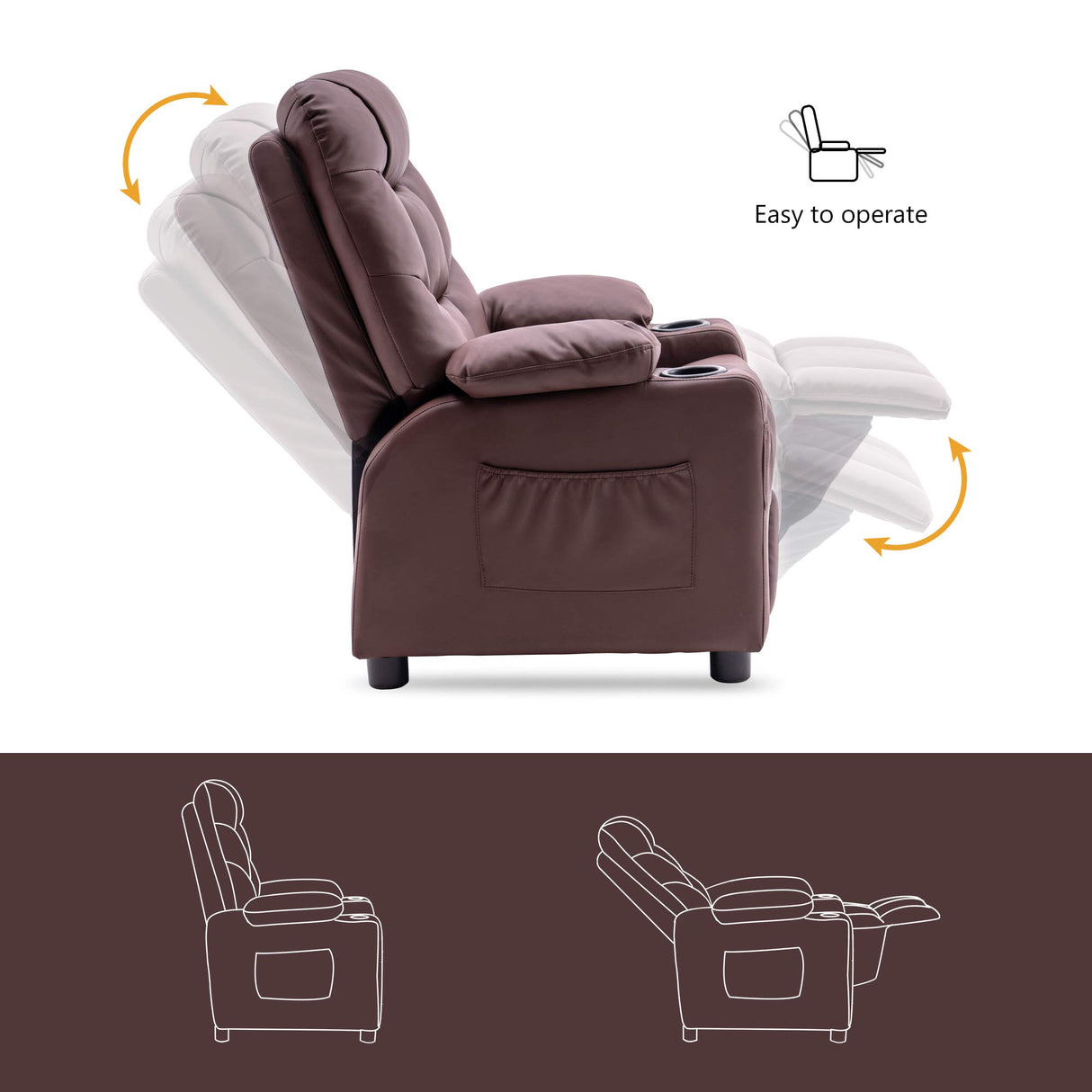 Big Kids Recliner Chair with Cup Holders for Boys and Girls Room, 2 Side Pockets