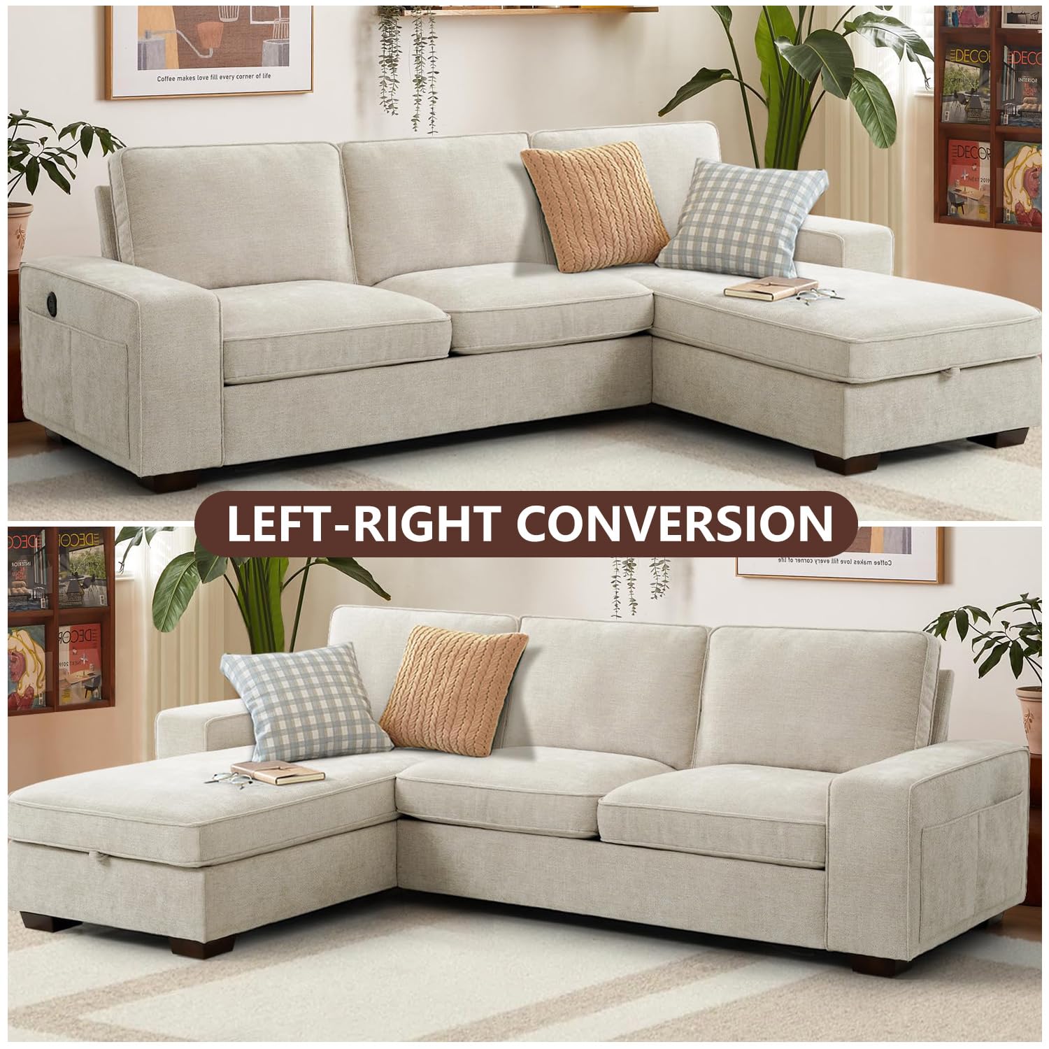 ASHOMELI 99″ Convertible Sectional Sofa with USB & Type-C Charging, Reversible L-Shaped Couch