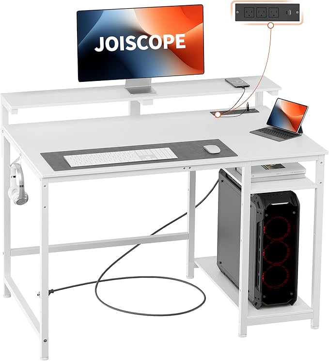 Home Office Desk with Power Outlets (3AC, USB, Type-C), 48 × 20 Inch Computer Desk