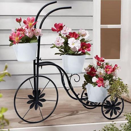 Bicycle Planter Stand, Metal Flower Pot Cart Holder with 3 Plant Bucket Outdoor Decorative