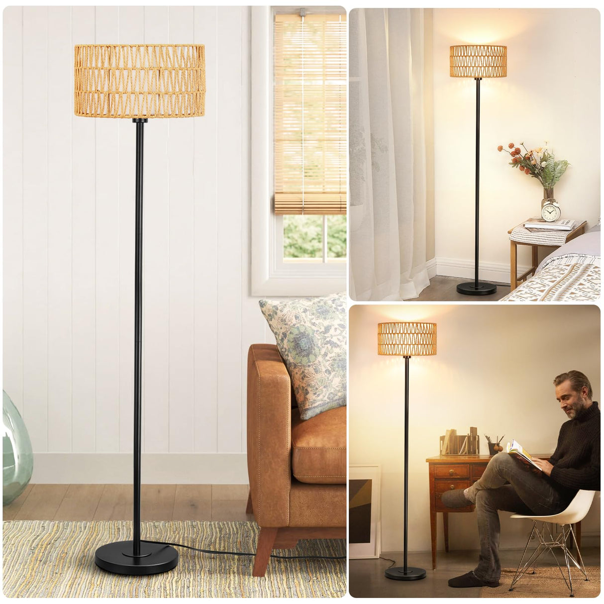 Lamps for Living Room, Rattan Boho Floor Lamp, Black Metal Floor Lamp with LED Bulb,