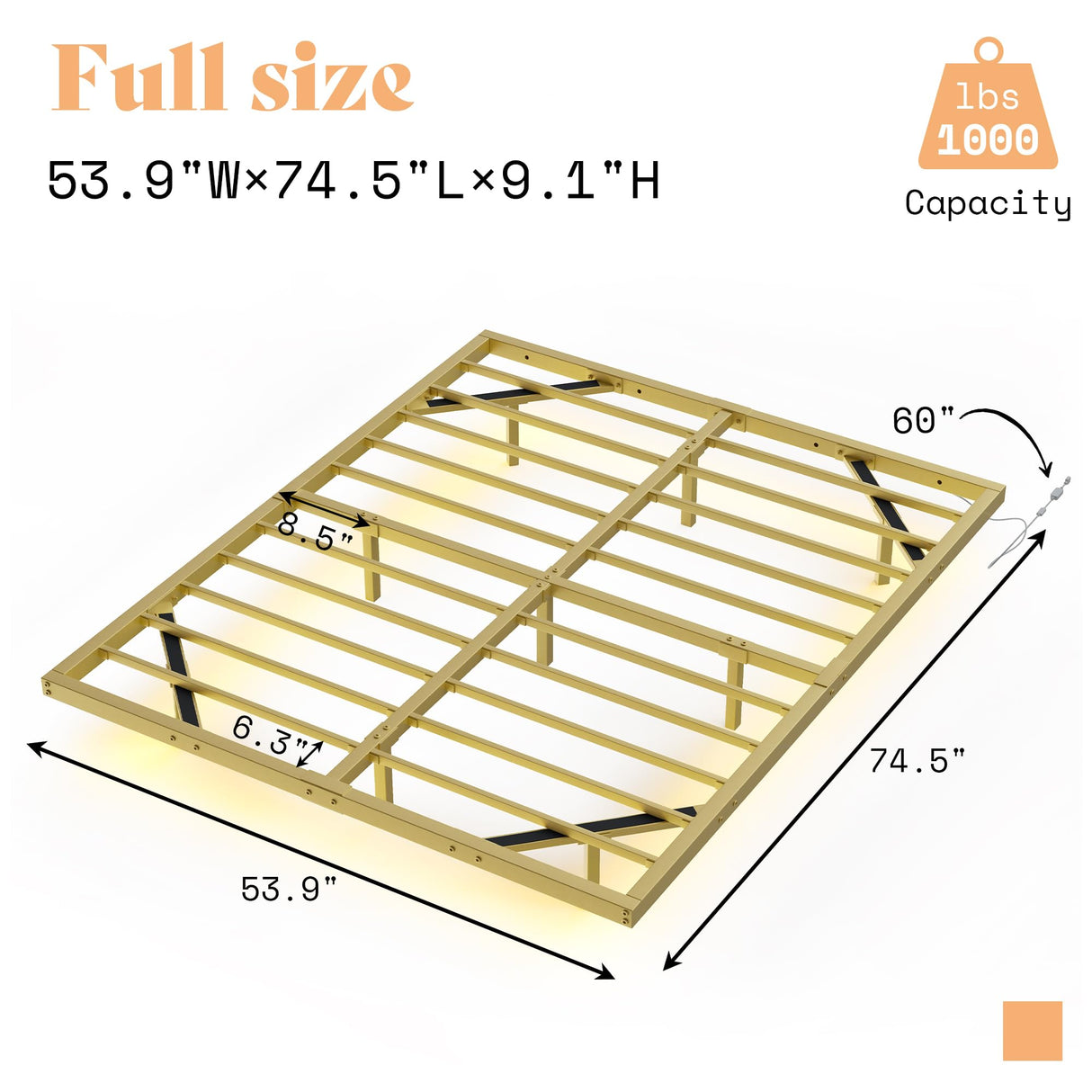 Full Size Floating Bed Frame, Full Bed Frame with LED Lights,