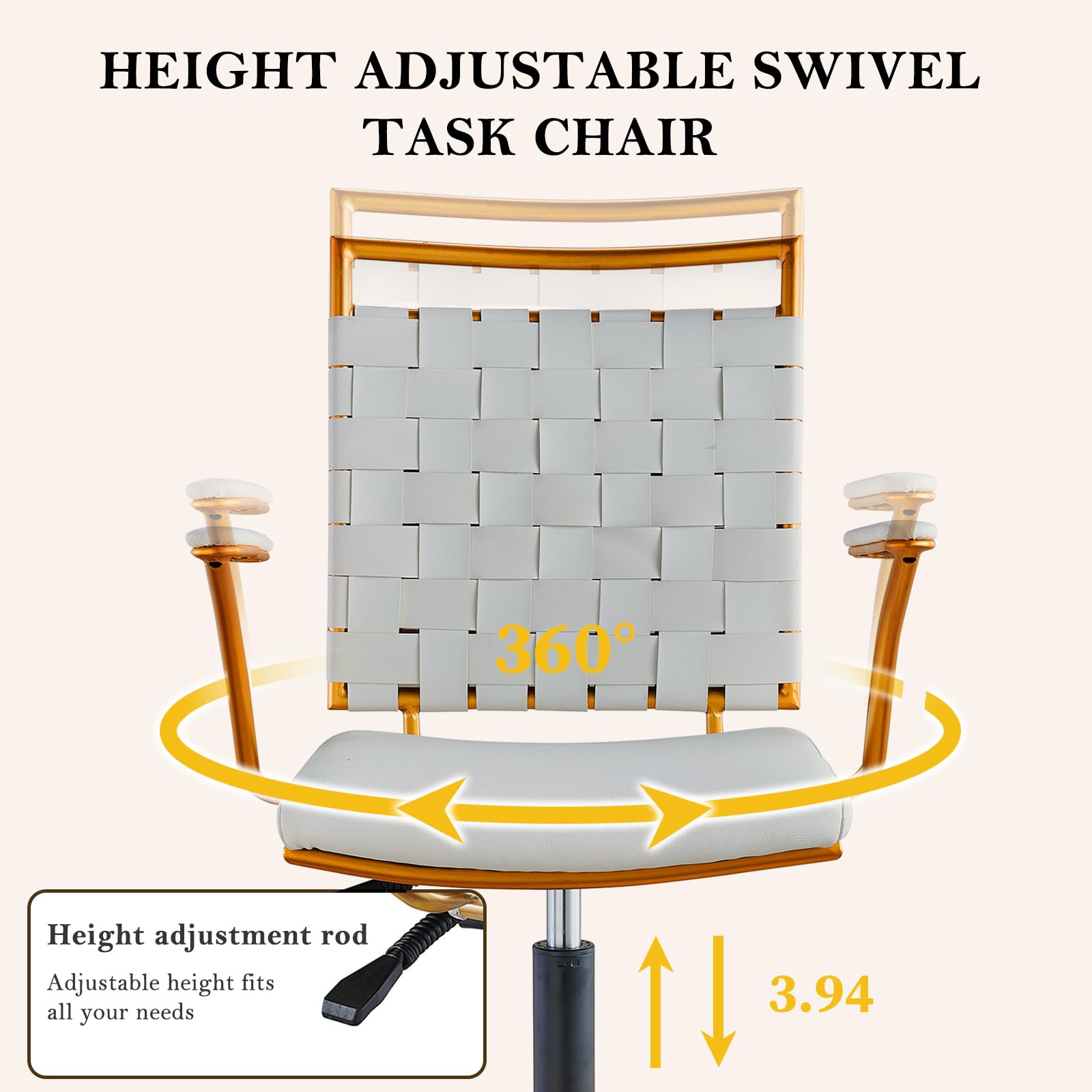 Gold Accent Office Chair with Wheels - White Adjustable Swivel Desk Chair
