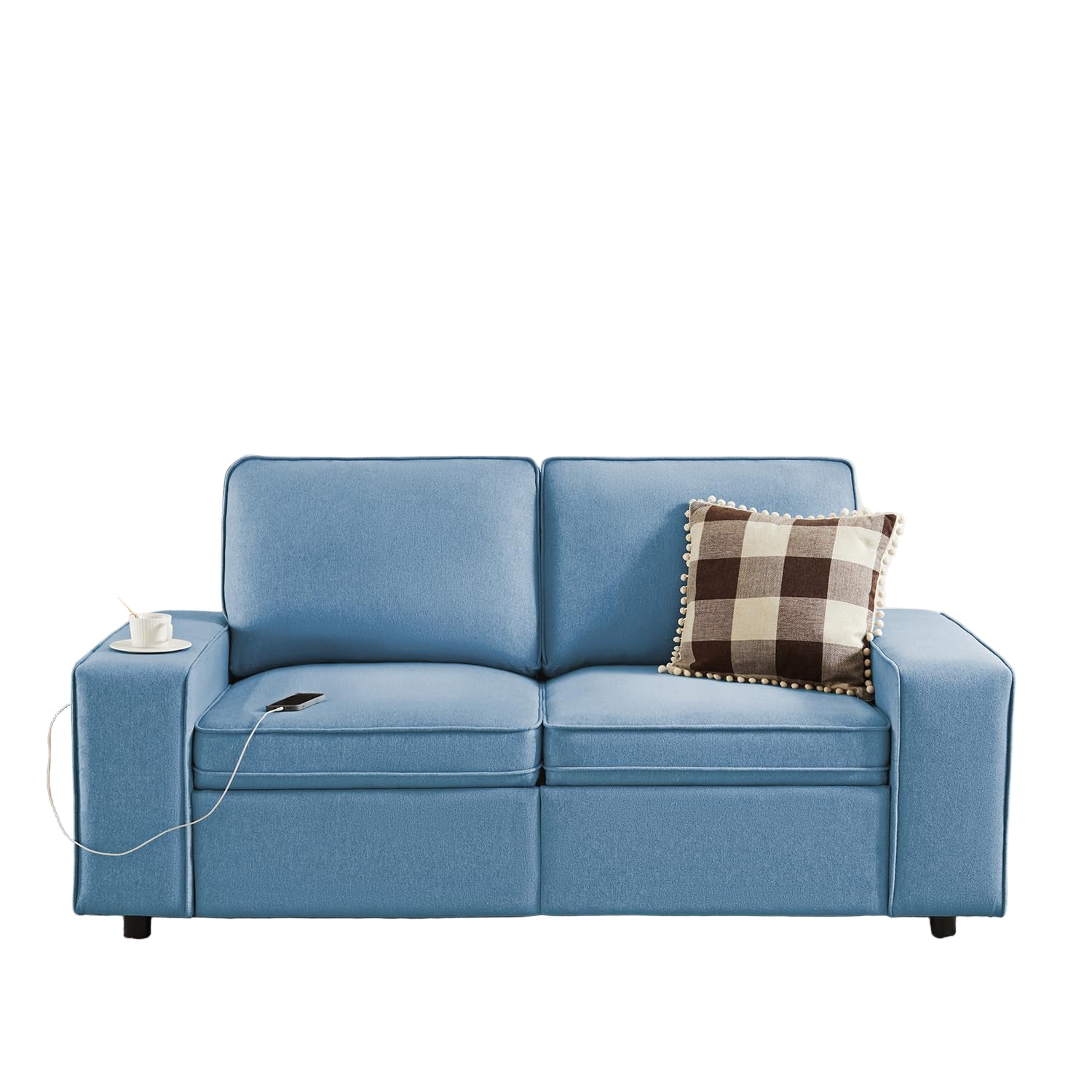 Sofa Couch with Seat Storage, Modern 2-Seater Sofa with Side Pockets & Type-C/USB