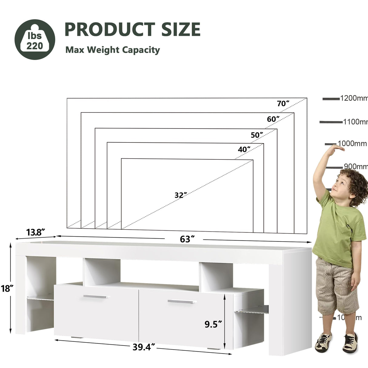 Modern LED 63 inch Long TV Stand with Large Storage Drawer for 50 55 60 65 70 75