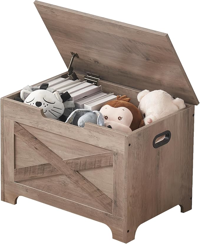 Chest, Lift Top Storage Trunk with 2 Safety Hinges, Barn Style Organizer, Wooden Entryway Bench