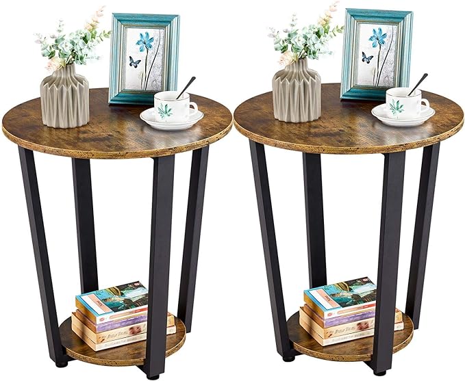 Farmhouse Round End Table with Storage Shelf, 2 Tier Side Table