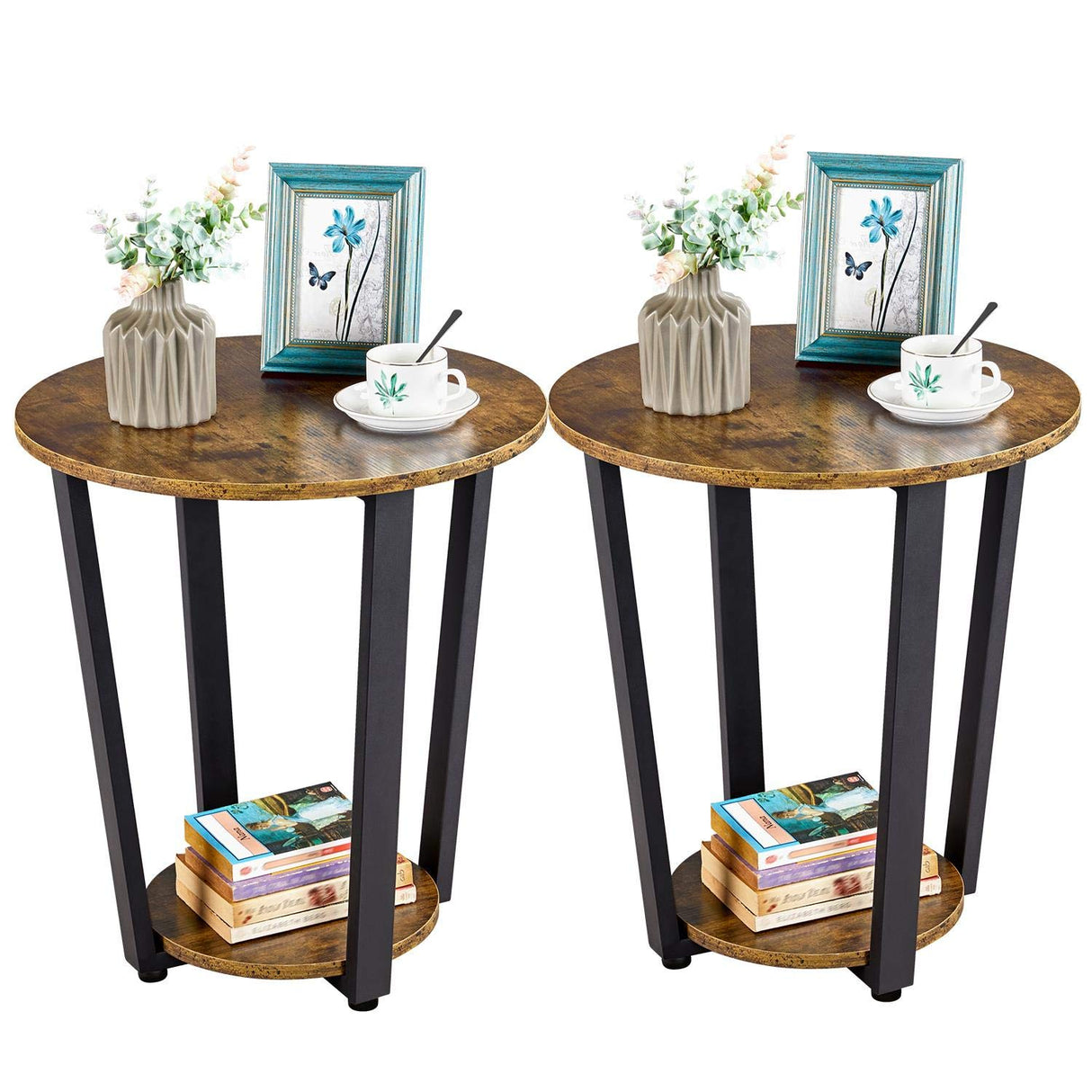 Industrial Small Round End Side Table for Living Room Set of 2