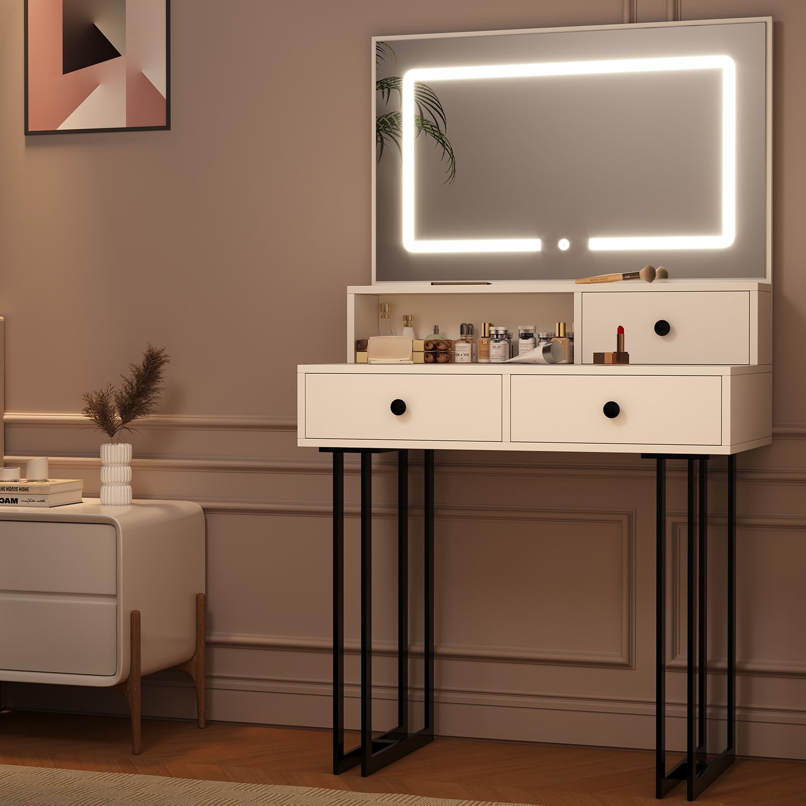 White Vanity Desk with Mirror, Metal Vanitys with 3 Drawers