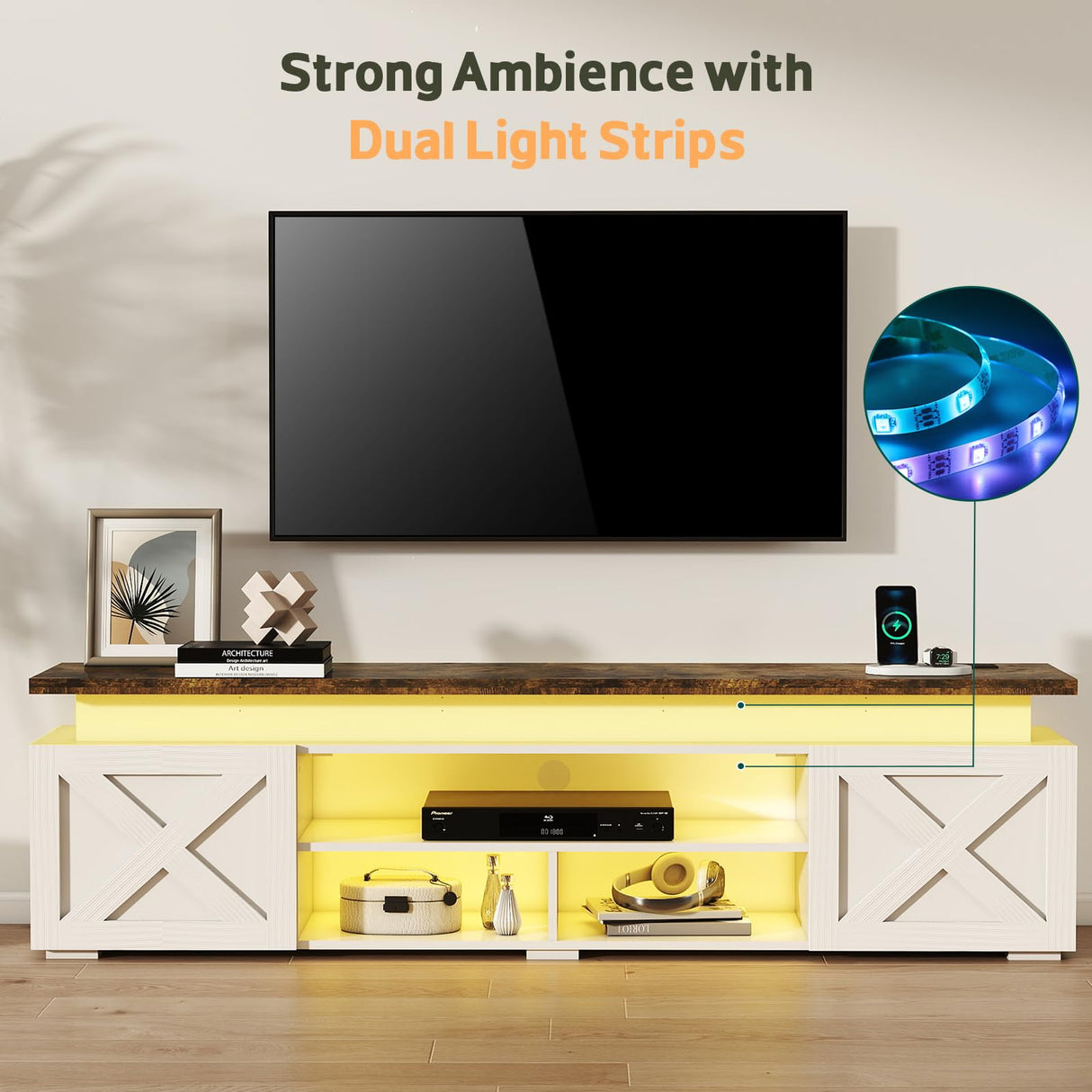 Farmhouse TV Stand for 80 Inch TV with RGB Lighting and Power Outlets