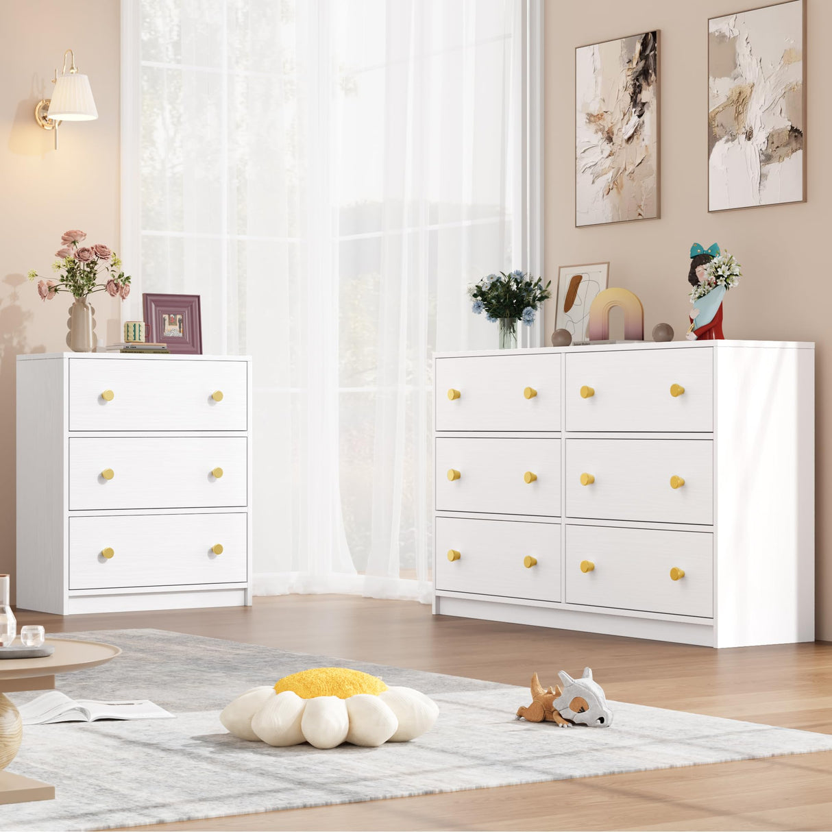 3 Drawer Dresser, White Nightstand for Bedroom with Fabric Drawers,