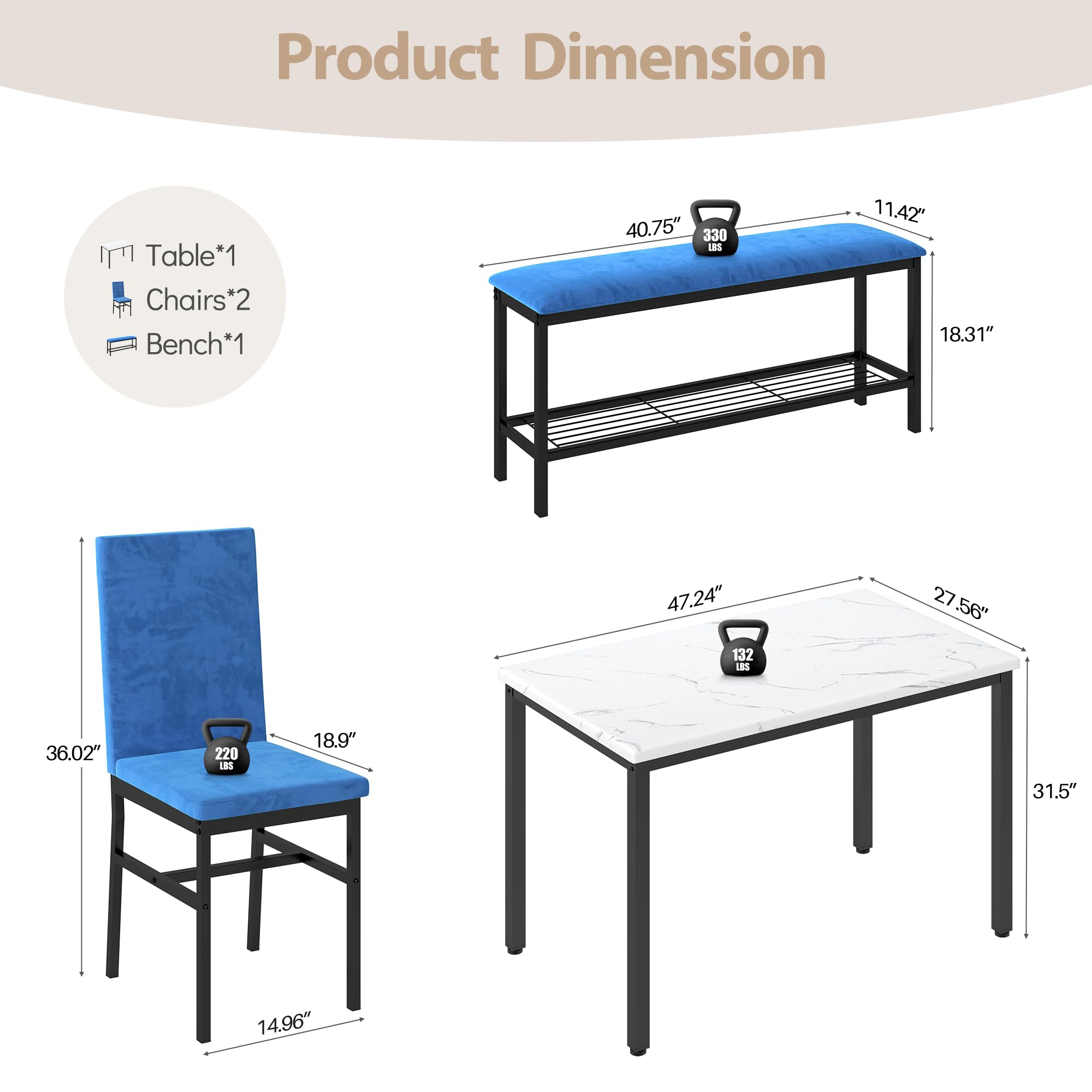4-Piece Faux Marble Dining Table Set with Upholstered Bench and Chairs
