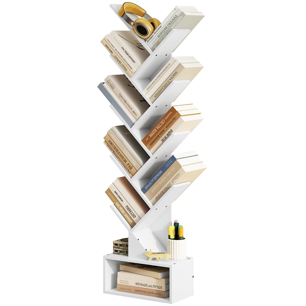 Tree Bookshelf with Drawer, 9 Tier Tree Bookcase, Wooden Bookshelves Storage Rack